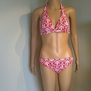Lands End bikini pink and white Hawaiian print